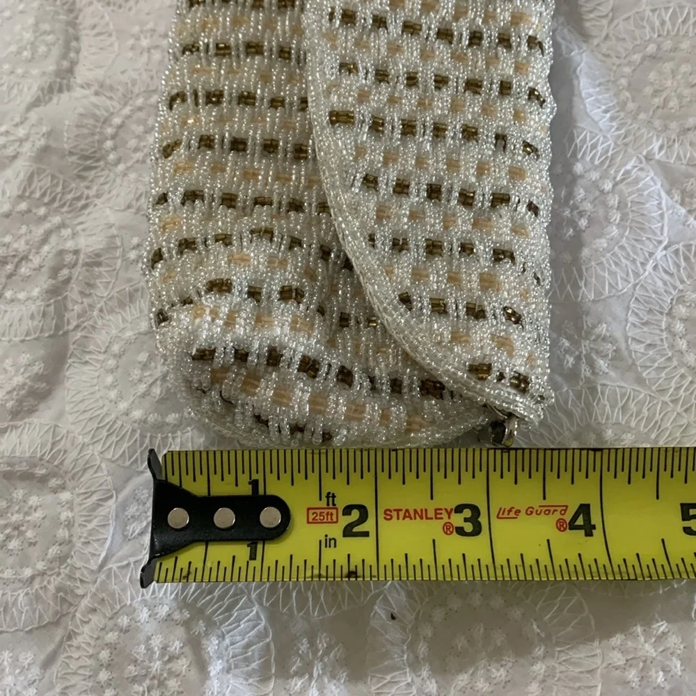 Moni Couture stunning ivory bronze beaded clutch shoulder evening formal bag EUC